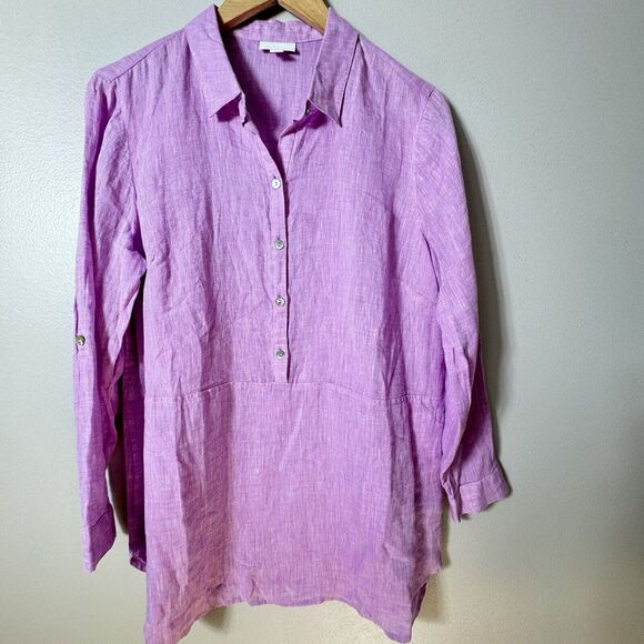J. Jill Tops - J Jill Love Linen Womens MP Purple Pink Pull Over Tunic Pocket Roll Tab Top